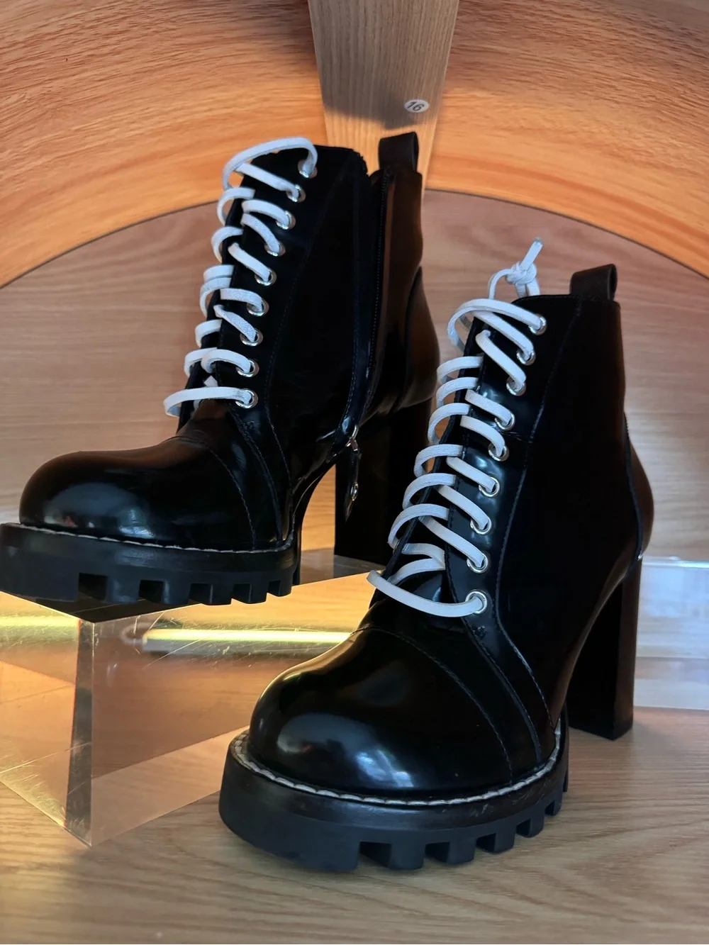 Louis Vuitton Black Patent Lace-Up Chunky Heel Ankle Boots with White Laces